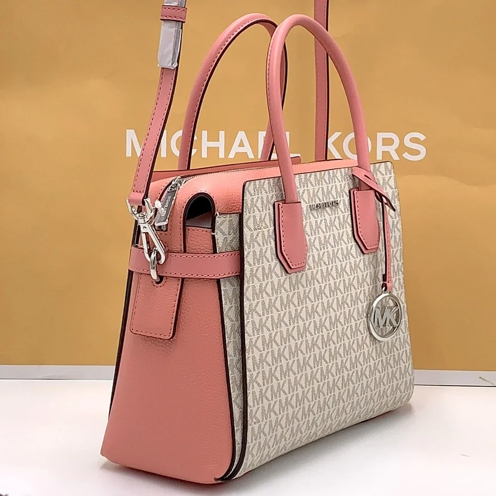 MICHAEL KORS MERCER MEDIUM TOP ZIP BELTED SATCHEL PRIMROSE MULTI SIGNATURE